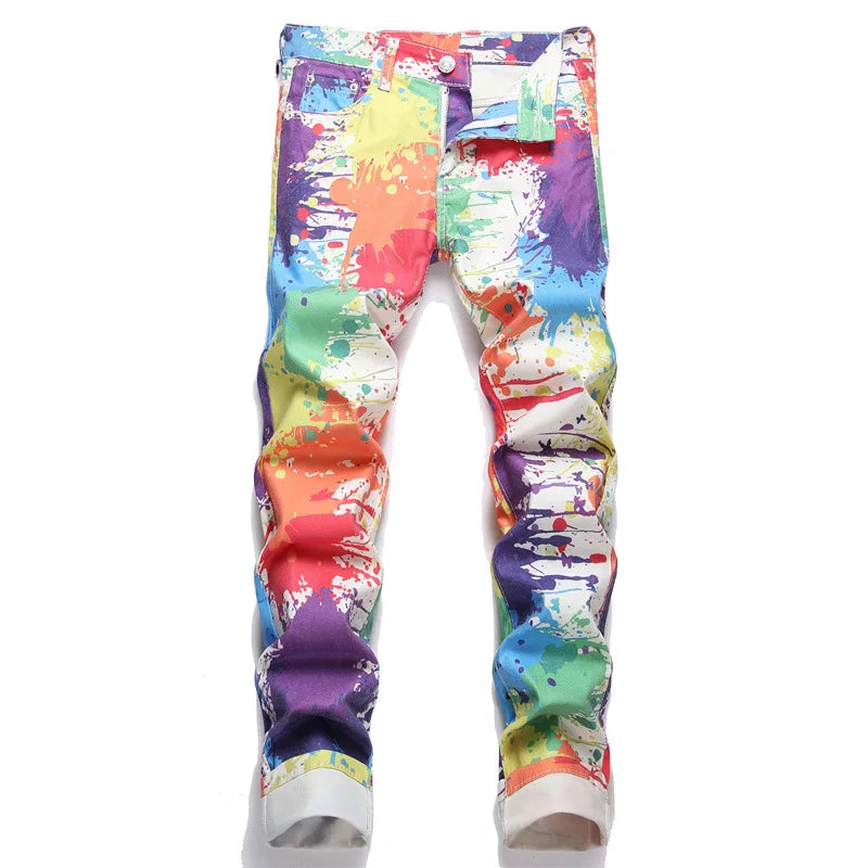 fashion colorful graffiti printed jeans printed denim pants men biker zipper jeans streetwear slim fit y2k hip hop pants joggers unique joggers style 2459