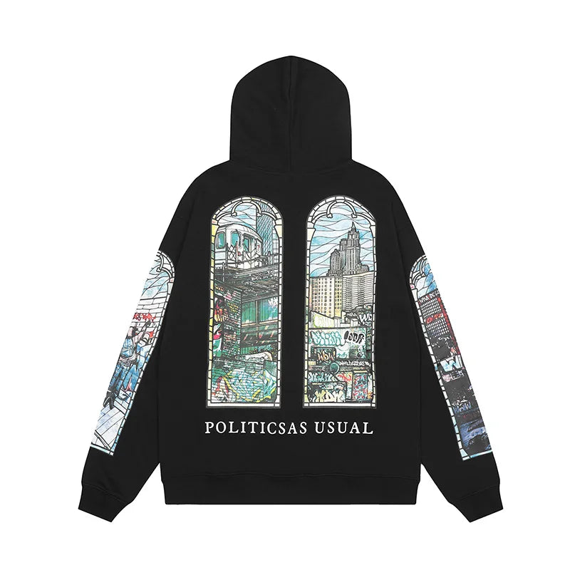 24Ss Autumn And Winter Who Decides War Hoodies Vintage City Cartoon Pr