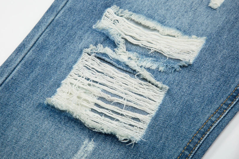 Harajuku Frayed Hole Straight Washed Retro Baggy Men's Jeans High Street Ripped Hip Hop Casual Oversized Denim Trousers