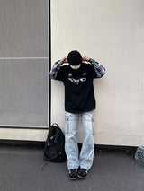 street japanese mens set embroidered fake two piece patchwork tops hip hop washed jeans 2 piece harajuku suits y2k streetwear unique jeans style 4764