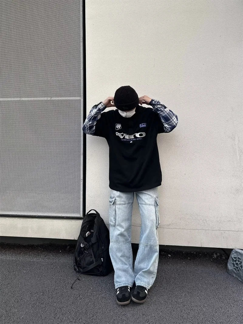 street japanese mens set embroidered fake two piece patchwork tops hip hop washed jeans 2 piece harajuku suits y2k streetwear unique jeans style 4764