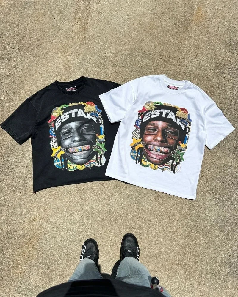 New Trendy Brand Anime Cartoon Printed Oversized T-shirt Shirt Women Y2k High Street Retro Cotton Round Neck Short-sleeved Men