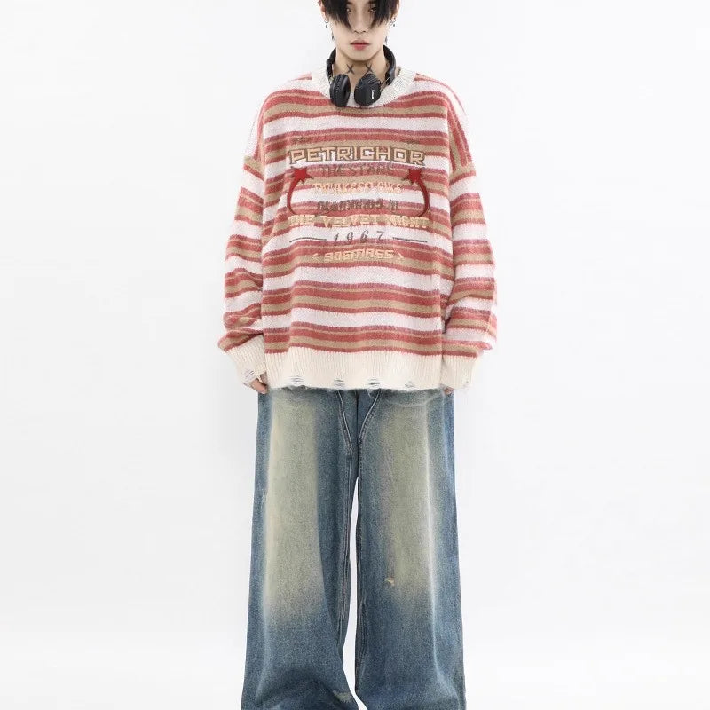varsity flame knitwear, statement sweater, cozy knitwear for men, oversized grunge aesthetic winter top