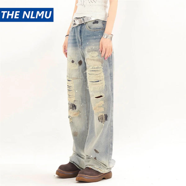 mens fashion ripped jeans blue straight baggy jeans trousers luxury loose casual distressed denim pants male 1 stacked flare jeans