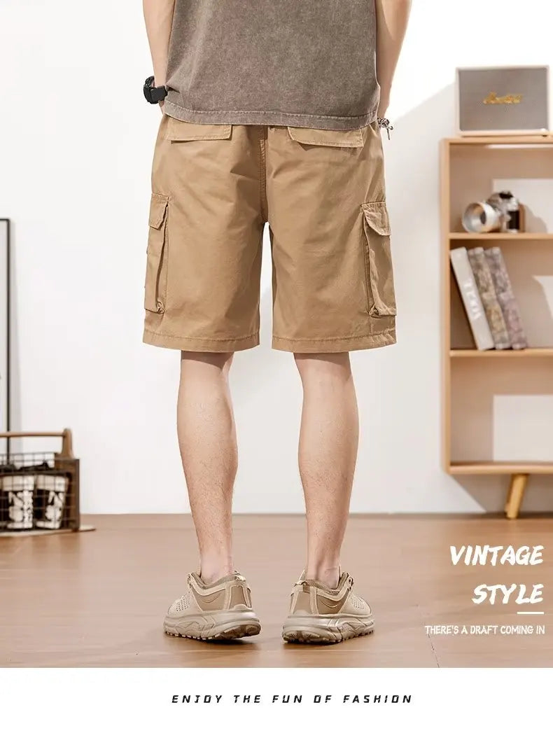 Men's Straight Tooling Shorts for Men Korean Fashion Belt Decoration Khaki Casual