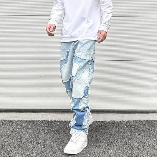 ripped irregular patchwork design denim jeans men casual zipper biker trousers jeans fashion streetwear hip hop pants joggers sporty tapered joggers