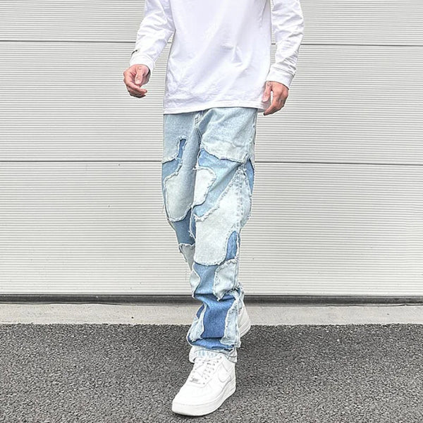 ripped irregular patchwork design denim jeans men casual zipper biker trousers jeans fashion streetwear hip hop pants joggers sporty tapered joggers