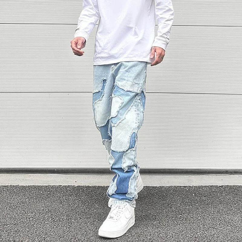ripped irregular patchwork design denim jeans men casual zipper biker trousers jeans fashion streetwear hip hop pants joggers sporty tapered joggers