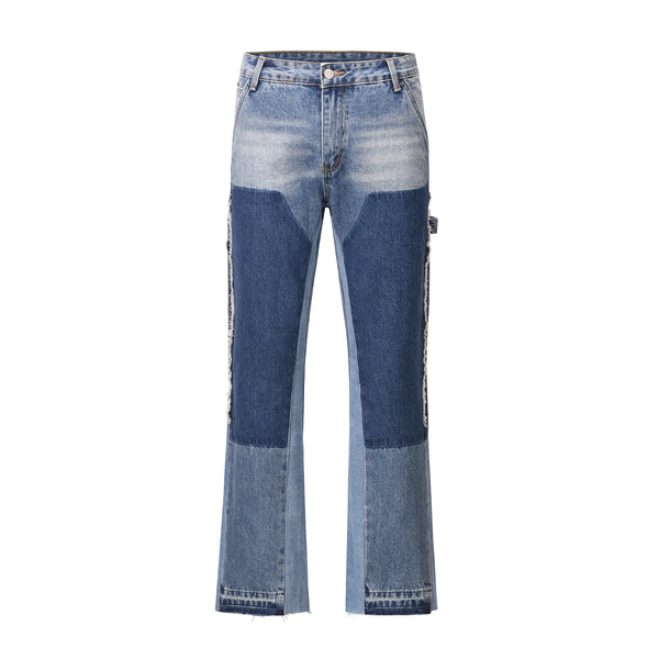 high street fashion contrast straight tube micro flared jean horn pant washing mens tassel vintage patchwork wide denim jeans urban skinny jeans