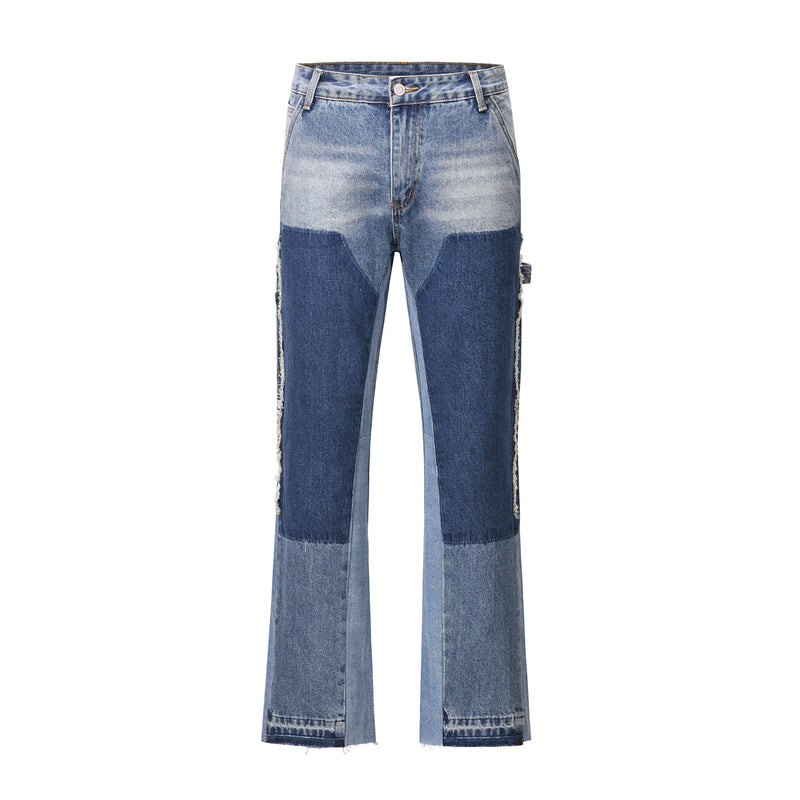 high street fashion contrast straight tube micro flared jean horn pant washing mens tassel vintage patchwork wide denim jeans urban skinny jeans