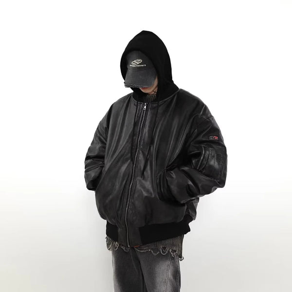 Winter American Fake Two Pieces Parkas Mens Heavy Weight Thicken Hip Hop PU Leather Cotton Jacket Trend Loose Motorcycle Coats