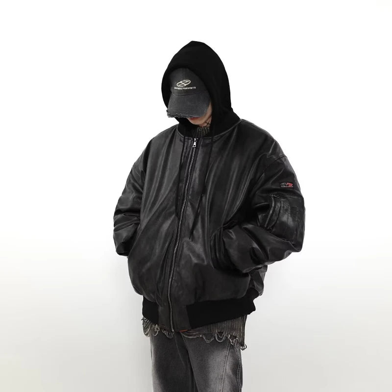 Winter American Fake Two Pieces Parkas Mens Heavy Weight Thicken Hip Hop PU Leather Cotton Jacket Trend Loose Motorcycle Coats
