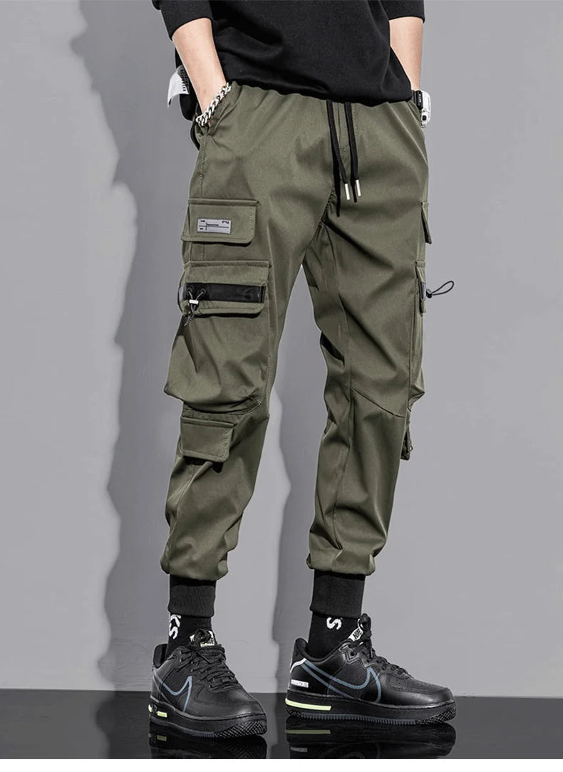 mens cargo pants elastic waist trousers with pockets streetwear hip hop loose fit ankle drawstring military sweatpants joggers unique joggers style 2523