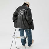 Mens Leather Bomber Jacket Women Hip Hop Letter Motorcycle Loose Casual PU Coat Unisex High Street Racing Varsity Black Outwear