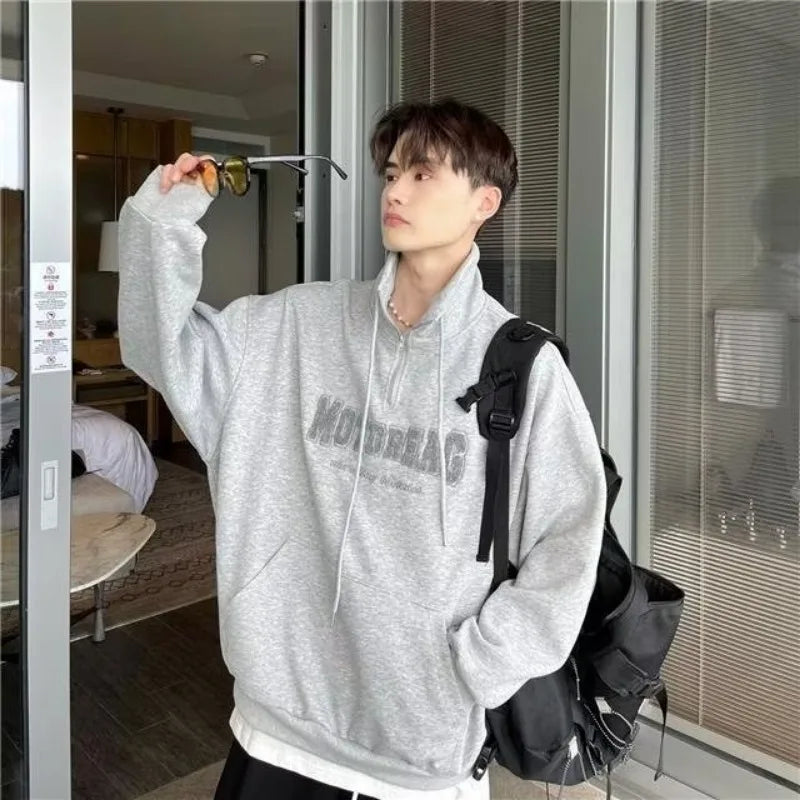 Street Half Zip Hoodie Mens Spring New Vintage Letter Embroidery Loose