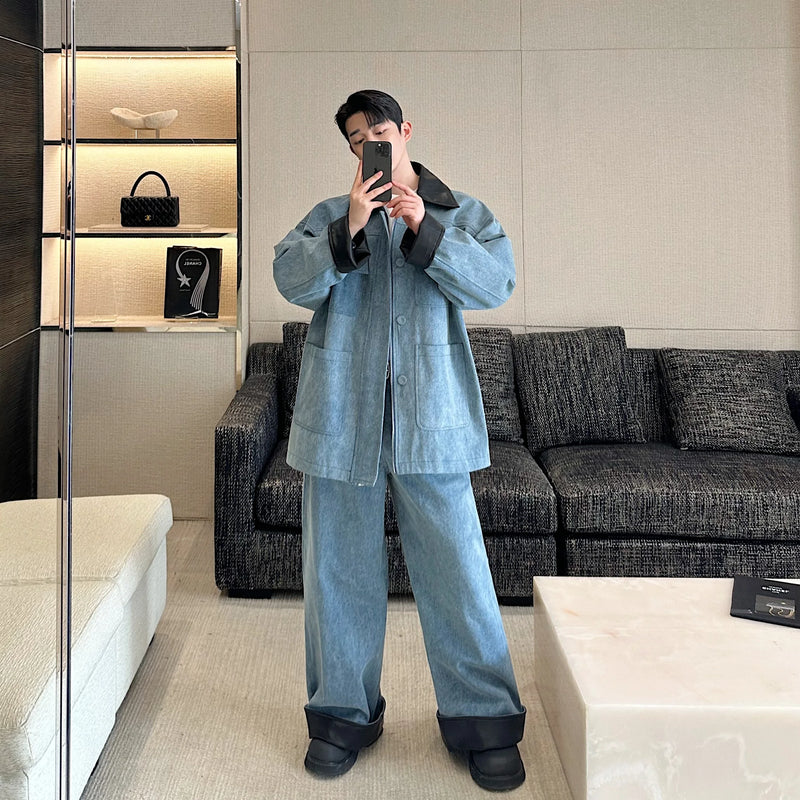 fashion show suits men streetwear washed denim splice loose casual jacket wide leg jeans pants 2 piece sets coat trousers suits unique jeans style 2741
