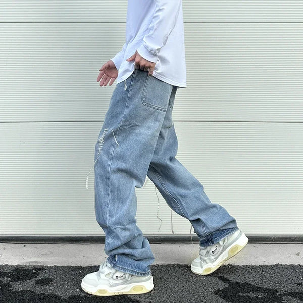fashion loose streetwear denim jeans new casual wide legs straight jean pants hip hop tassel joggers baggy jeans men clothing relaxed fit joggers