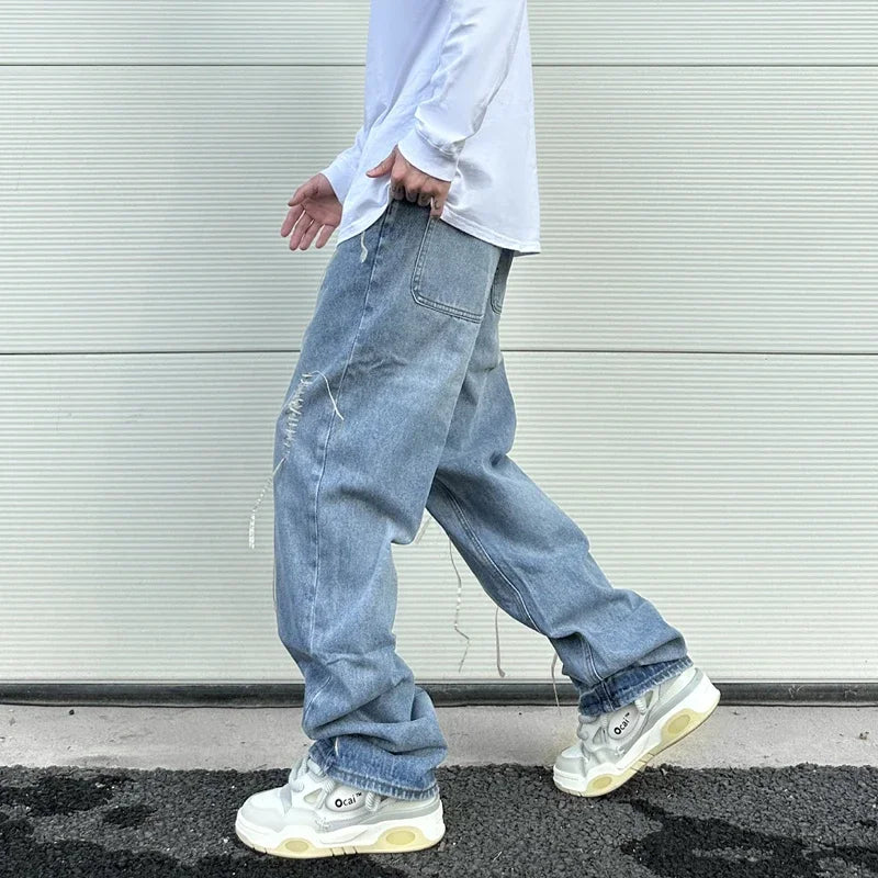 fashion loose streetwear denim jeans new casual wide legs straight jean pants hip hop tassel joggers baggy jeans men clothing relaxed fit joggers