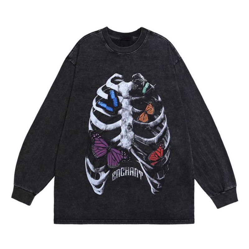 Harajuku Streetwear top – Harajuku Skeleton Printed Retro Distressed Washed T Shirt Me
