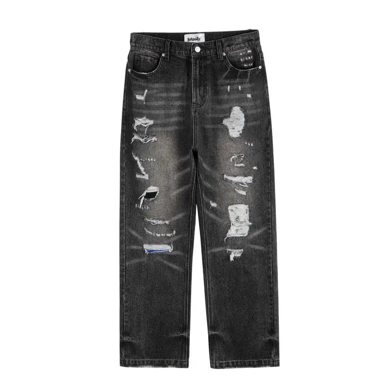 high street black washed straight jeans lowrise hip hop ripped jeans pants for men baggy vintage fashion wide denim pants women unique jeans style 5363