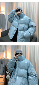 Winter Jacket Men Parkas Thicken Warm Coat Stand Collar Oversize Parkas Bright Leather Fabric Jacket Korean Style Padded Coat