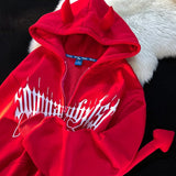 Y2K Kawaii Devil Horn Tail Hip Hop Badge Print Hoodies Cardigan Couple
