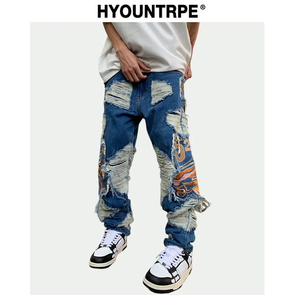 fashion embroidery destroyed ripped tassel holes denim jean pants mens casual loose straight jeans hip hop streetwear joggers streetwear sweatpants