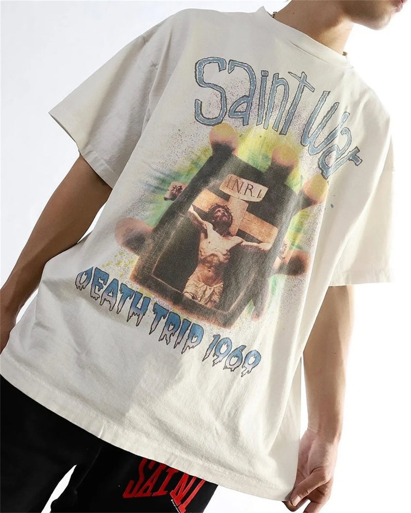 24SS New Vintage Retro Cross Printing Washed Distressed Short Sleeves T-Shirt Tops
