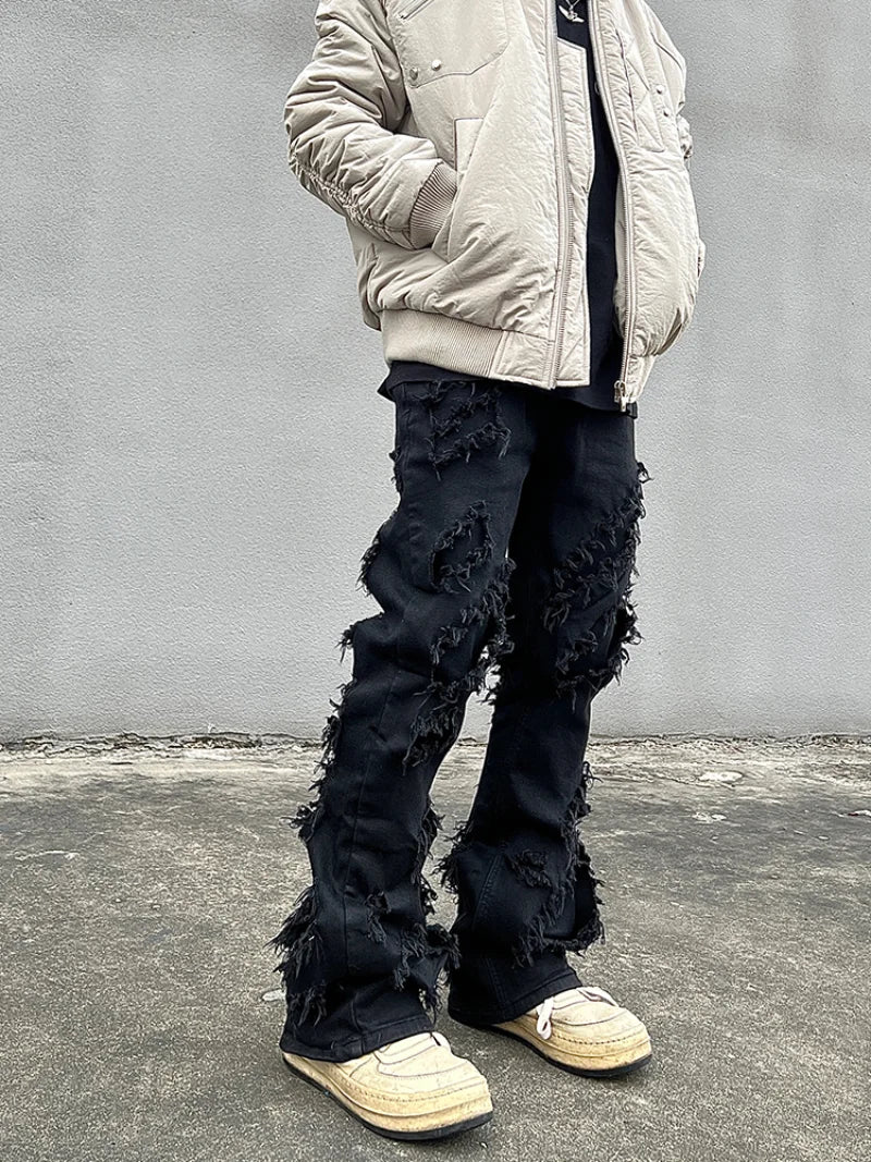mens distressed ripped destroied tassel denim jean pants new fashion biker jeans streetwear flare pants joggers y2k men s jeans relaxed fit joggers