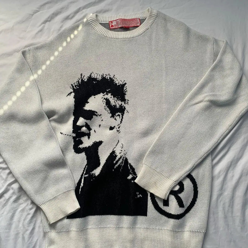 new 2022 men luxury winter gentleman classic joy brad pitt knit casual sweaters pullover asian plug size high drake r31 oversized graphic print design, Y2K vintage urban hoodie, trendy hip hop style outerwear