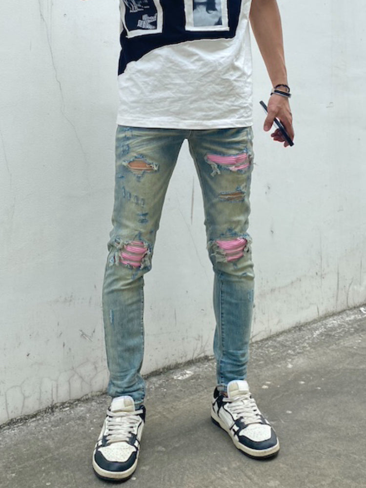 destroied ripped holes patckwork denim jean mens casual distressed washed biker jeans new fashion high street slim pants joggers unique joggers style 3379
