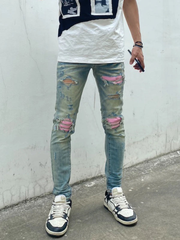 destroied ripped holes patckwork denim jean mens casual distressed washed biker jeans new fashion high street slim pants joggers streetwear sweatpants