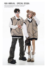 high street harajuku imitation mink hair knitted vest chain color block v neck pullover sweater vest oversized knitwear trendy urban wear with bold artwork, streetwear fashion hoodie, high quality cotton pullover