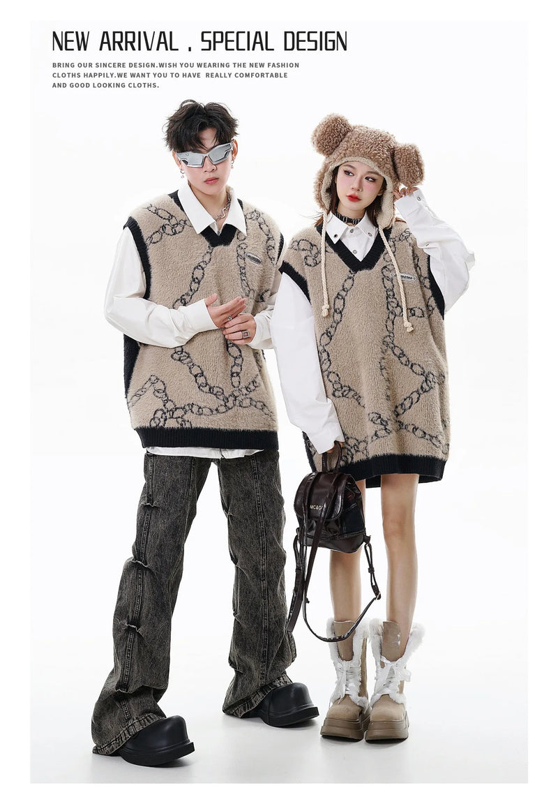 high street harajuku imitation mink hair knitted vest chain color block v neck pullover sweater vest oversized knitwear trendy urban wear with bold artwork, streetwear fashion hoodie, high quality cotton pullover