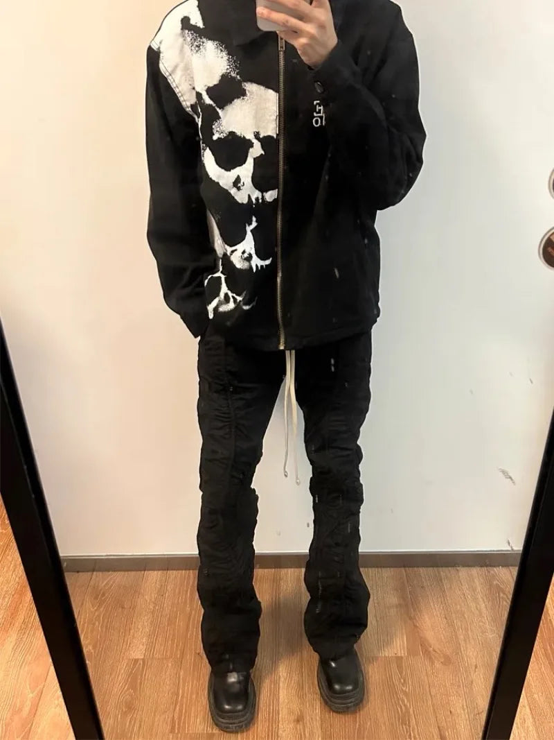skulls printed harajuku denim jacket and coat mens fashion hip hop full zipper outerwear casual loose streetwear jeans jacket - variant style 413c8b for streetwear fashion
