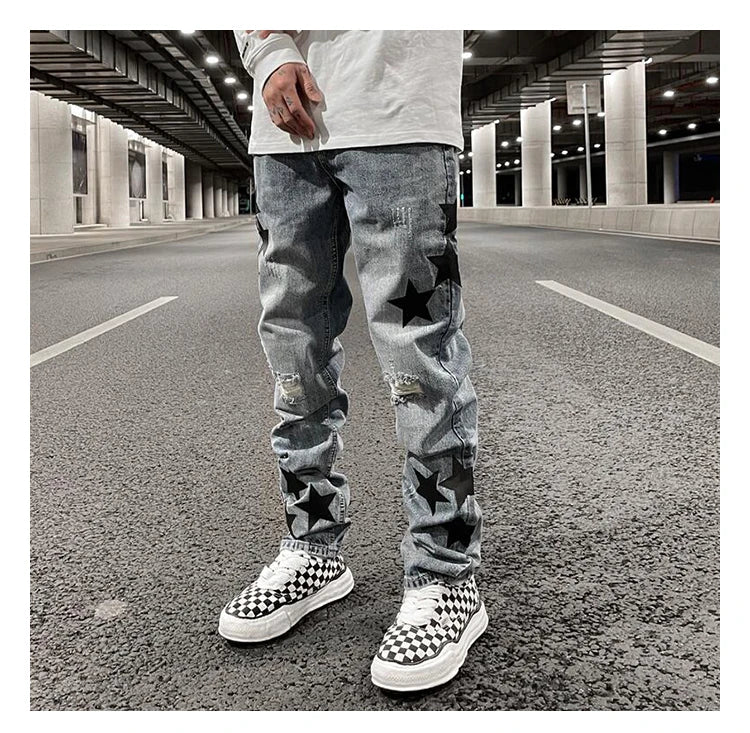 fashion ripped destroied jeans trousers distressed biker jeans with stars high street slim pants joggers denim jeans for men unique joggers style 3254