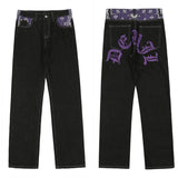 y2k retro sanskrit black jeans street casual pants punk male hip hop print loose harajuku mens straight pants ins hot sale unique jeans style 4759