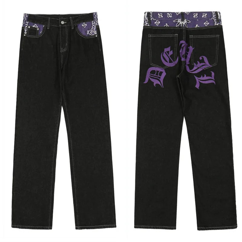 y2k retro sanskrit black jeans street casual pants punk male hip hop print loose harajuku mens straight pants ins hot sale unique jeans style 4759