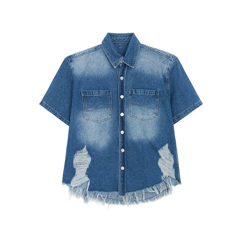 fashion high street mens set 2024 multi pocket short sleeved denim shirt casual straight leg pants 2 pcs set summer suit unisex unique jeans style 4507