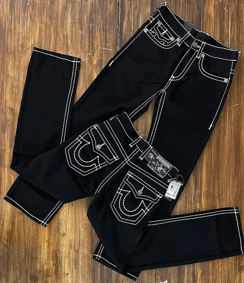 true religion vintage hip hop street leisure denim pants y2k gothic fashion embroidered straight leg wide leg jeans men clothing unique jeans style 4784