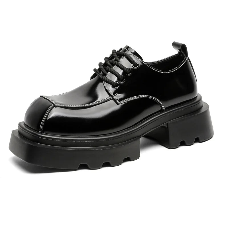Men Streetwear Dark Black Fashion Thick Sole Platform PU Leather Casual Luxury High Street Increase Square Derby Shoes Man
