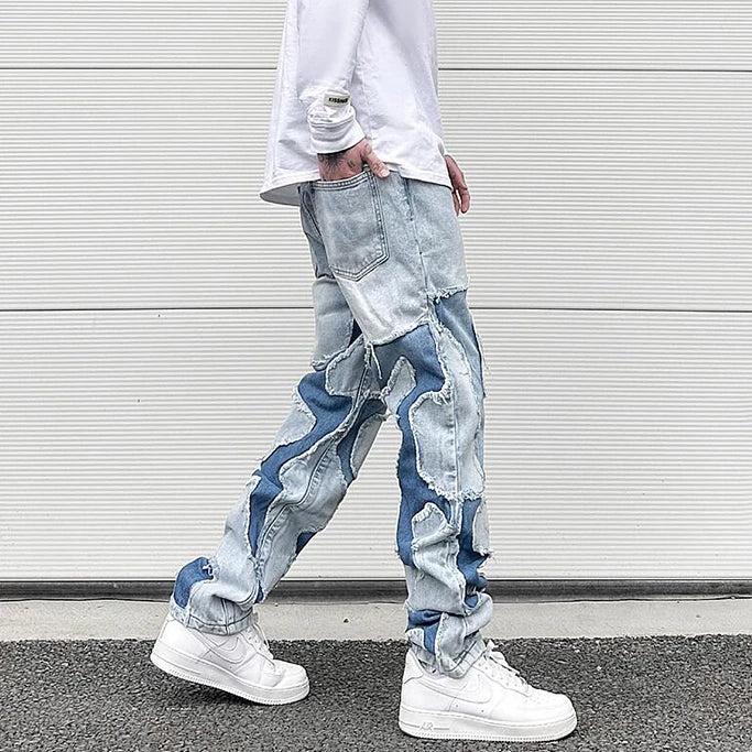 ripped irregular patchwork design denim jeans men casual zipper biker trousers jeans fashion streetwear hip hop pants joggers unique joggers style 3631