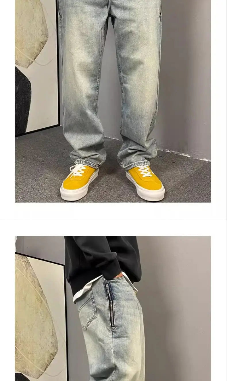 American casual ruffian handsome washed retro zipper jeans men straight loose trendy