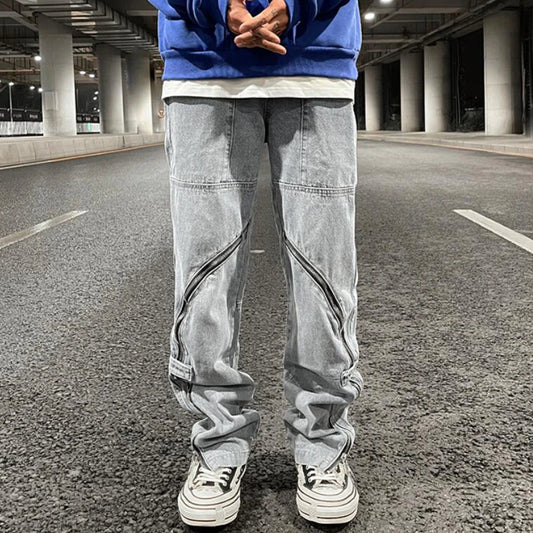 fashion denim straight pants hip hop jeans with zipper streetwear trousers new summer casual joggers men designer jeans for men streetwear sweatpants