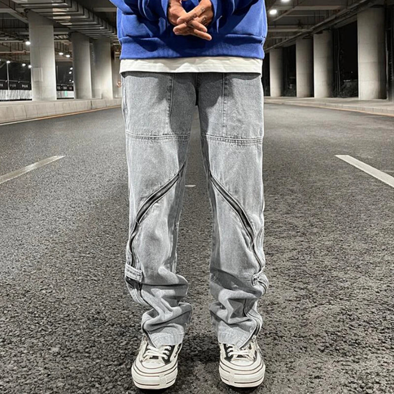 fashion denim straight pants hip hop jeans with zipper streetwear trousers new summer casual joggers men designer jeans for men streetwear sweatpants