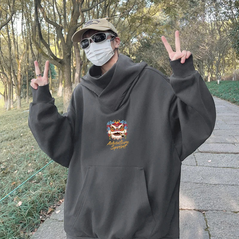 Autumn Lion Dance Graphic Ninja Hoodie Men Fleece Pocket Turtleneck Ov