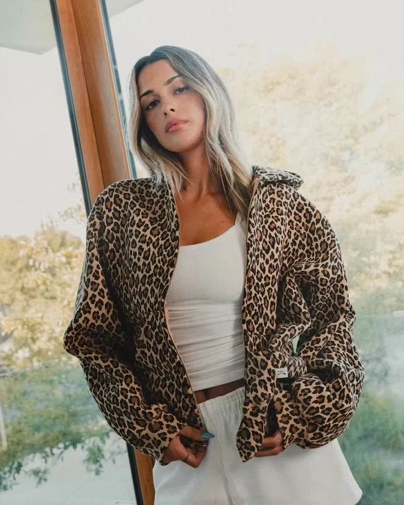 American Y2K New Fleece Padded Leopard Zipper Hoodie Women Street Fash