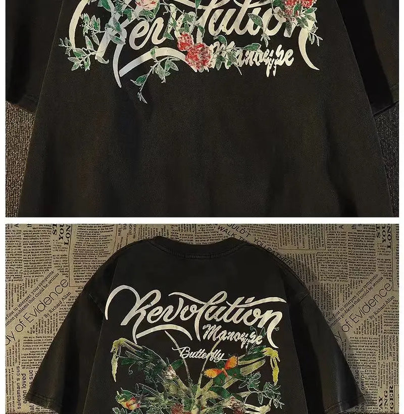 American retro high street skeleton butterfly pure cotton short-sleeved European and American fashion brand half-sleeved y2k top