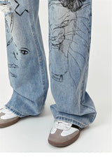 men baggy ripped jeans graffiti printed straight denim pants distressed jeans male streetwear hip hop jeans trousers y2k unique jeans style 5600