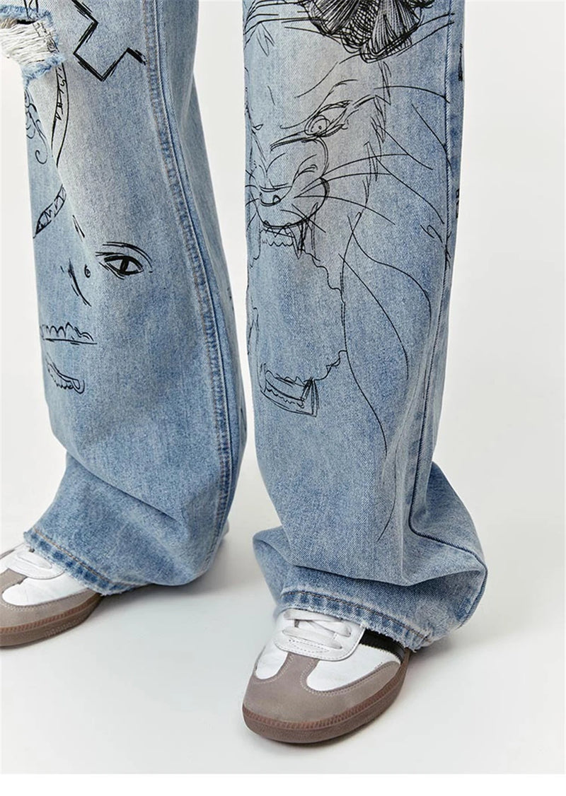 men baggy ripped jeans graffiti printed straight denim pants distressed jeans male streetwear hip hop jeans trousers y2k unique jeans style 5600
